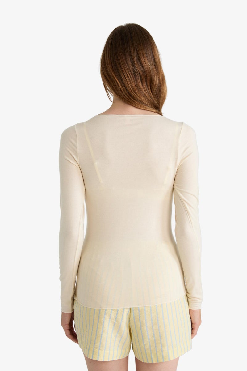 DeFacto Beige Woman Fall in Love Modal Cashmere Soft Texture Boat Neck Top Casual - Image 4